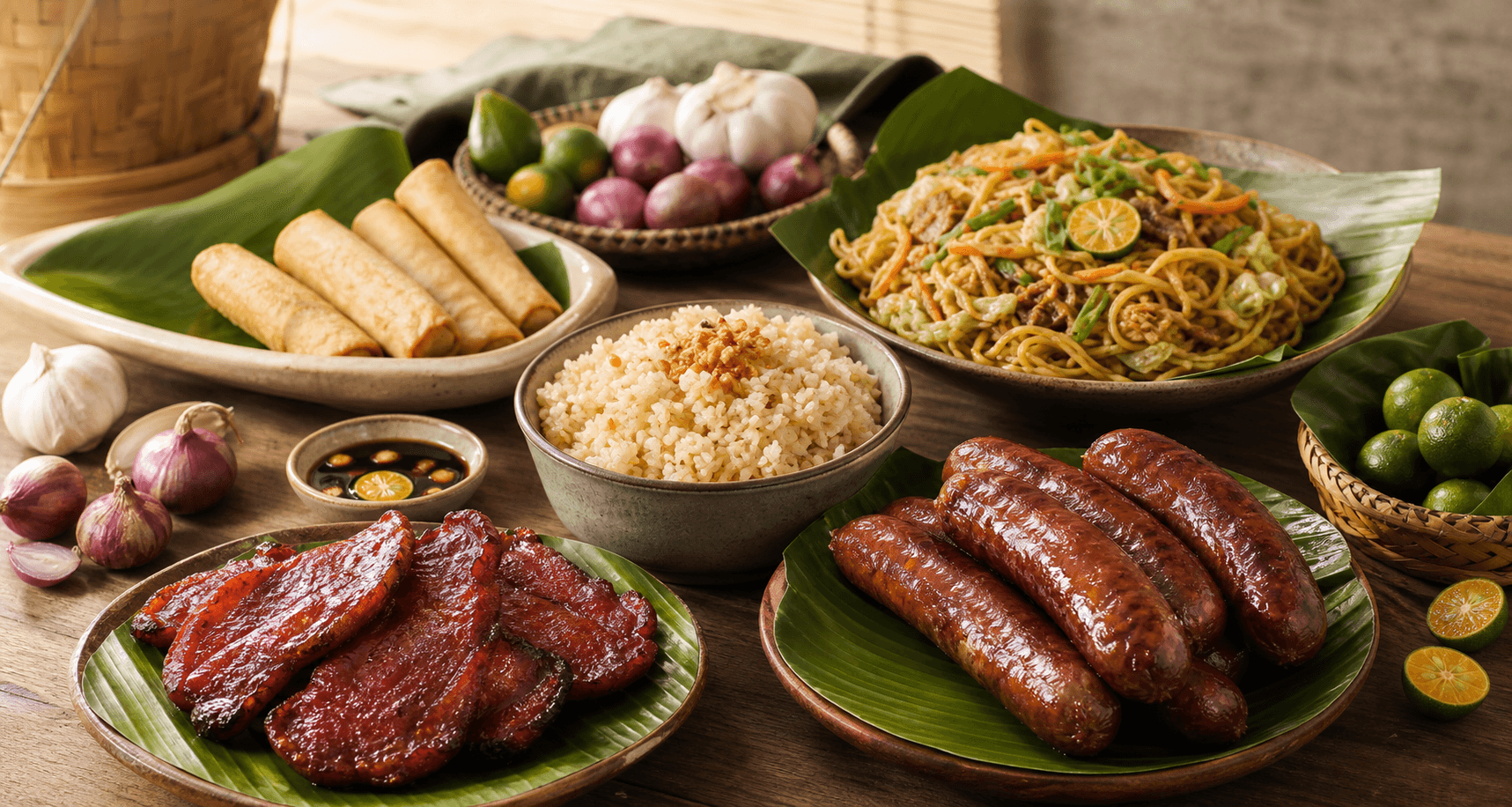 Philippinische Speisen mit Reis, Longanisa und Tocino